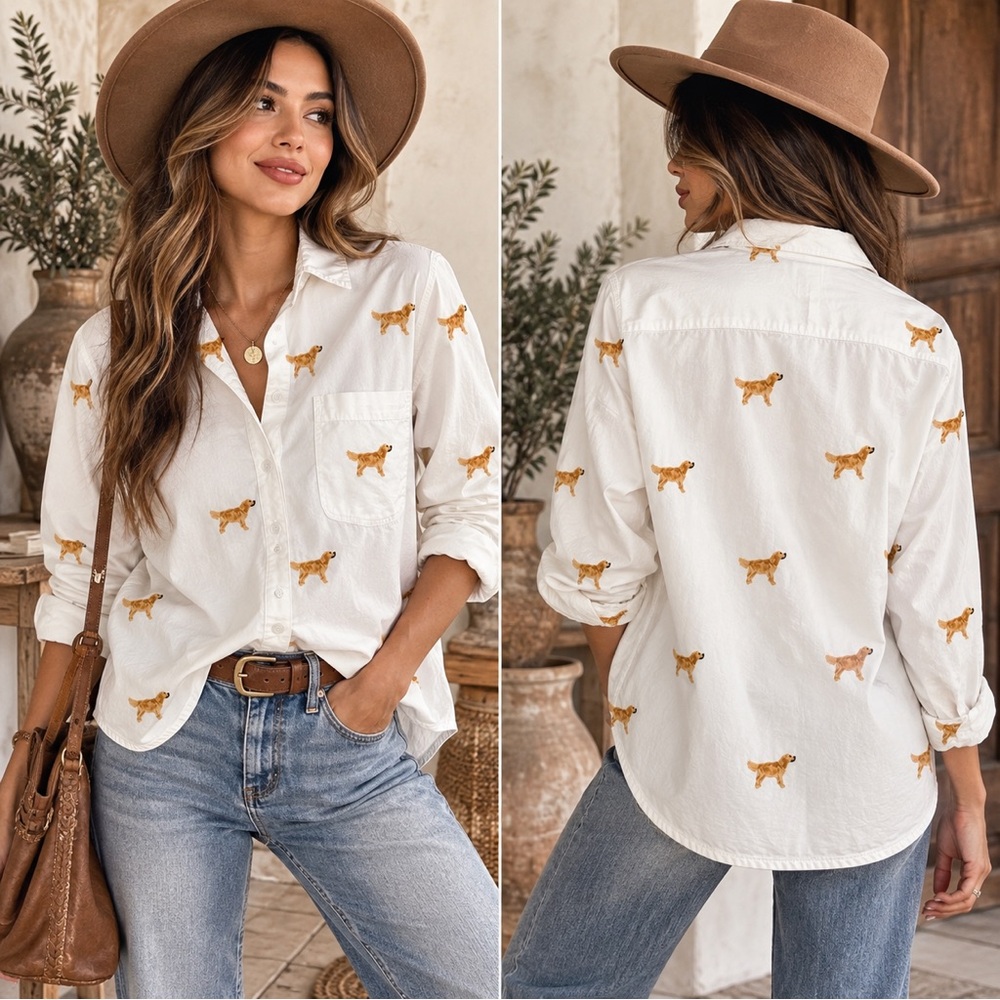 Maeve White Button-Down Shirt with Golden Dog Embroidery
